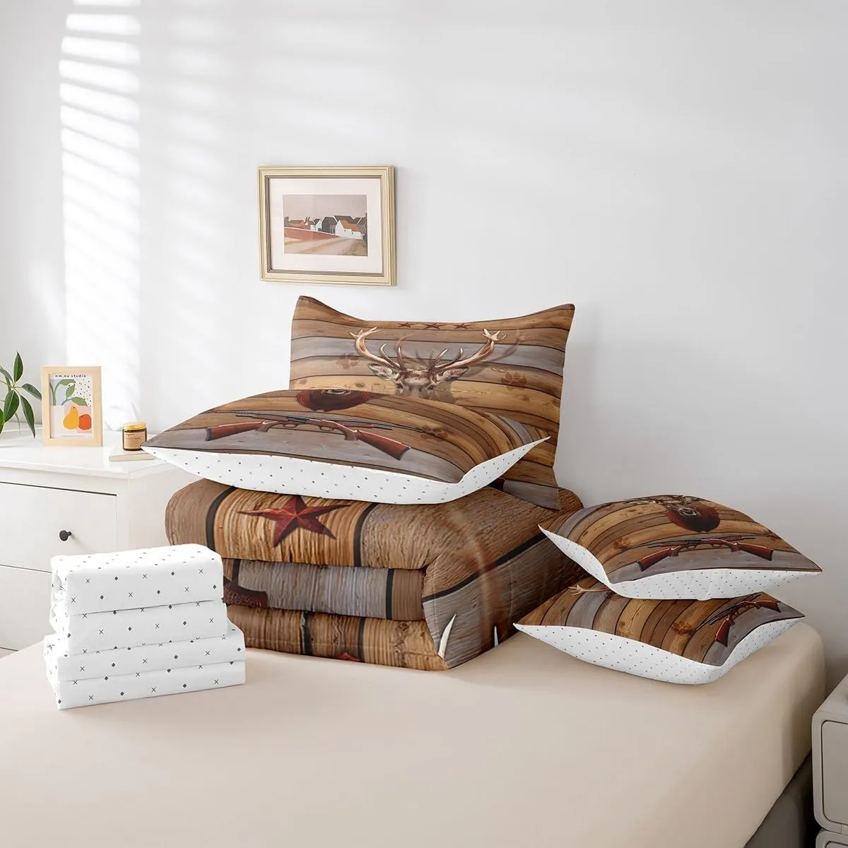Deer Hunting 7 Piece Comforter Set Full Bed in a Bag,Shotgun Western Bedding Sets Retro Brown Lodge Cabin Rustic Antler Woodland Wildlife Moose Elk Reindeer Farmhouse Sheet Set with Comforter