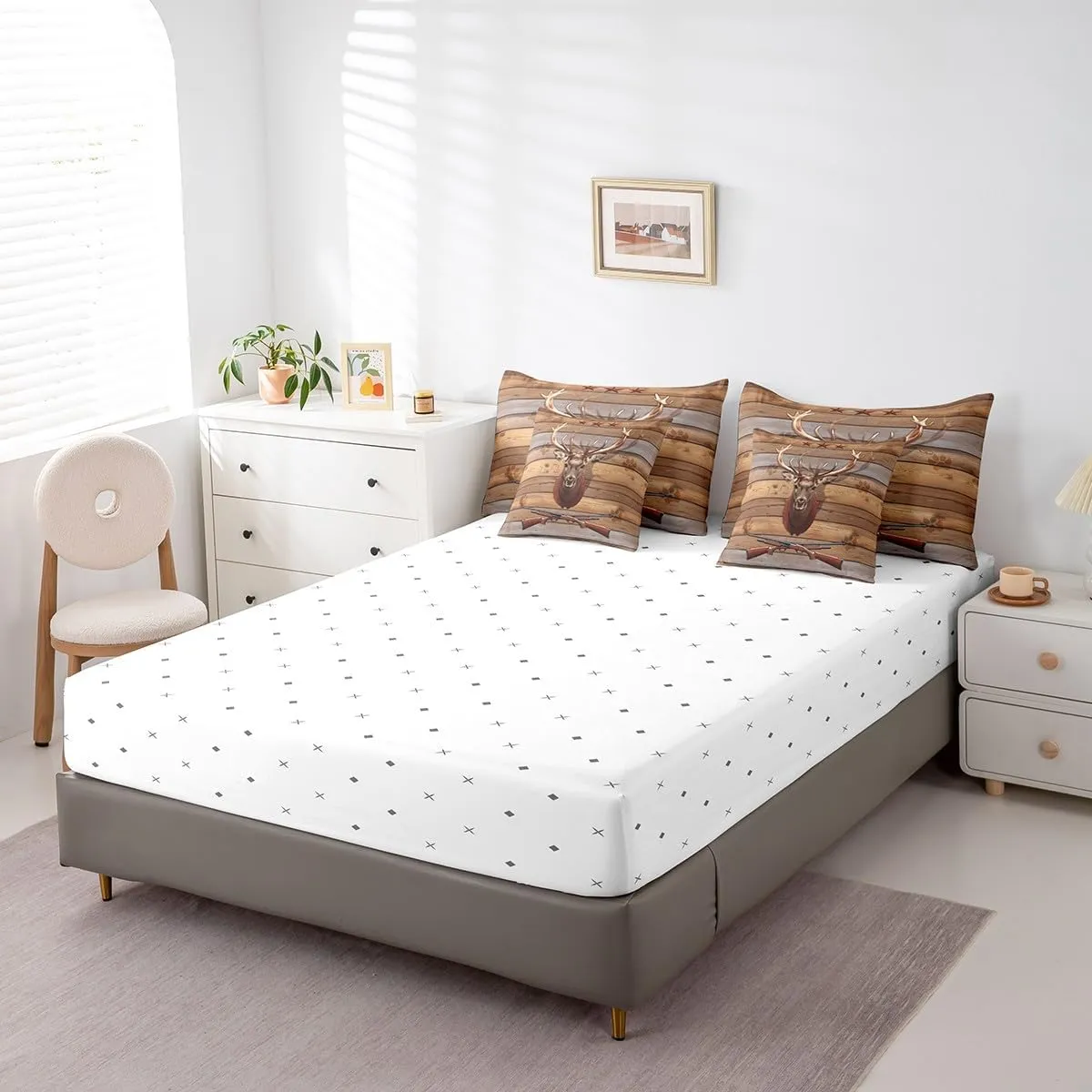 Deer Hunting 7 Piece Comforter Set Full Bed in a Bag,Shotgun Western Bedding Sets Retro Brown Lodge Cabin Rustic Antler Woodland Wildlife Moose Elk Reindeer Farmhouse Sheet Set with Comforter