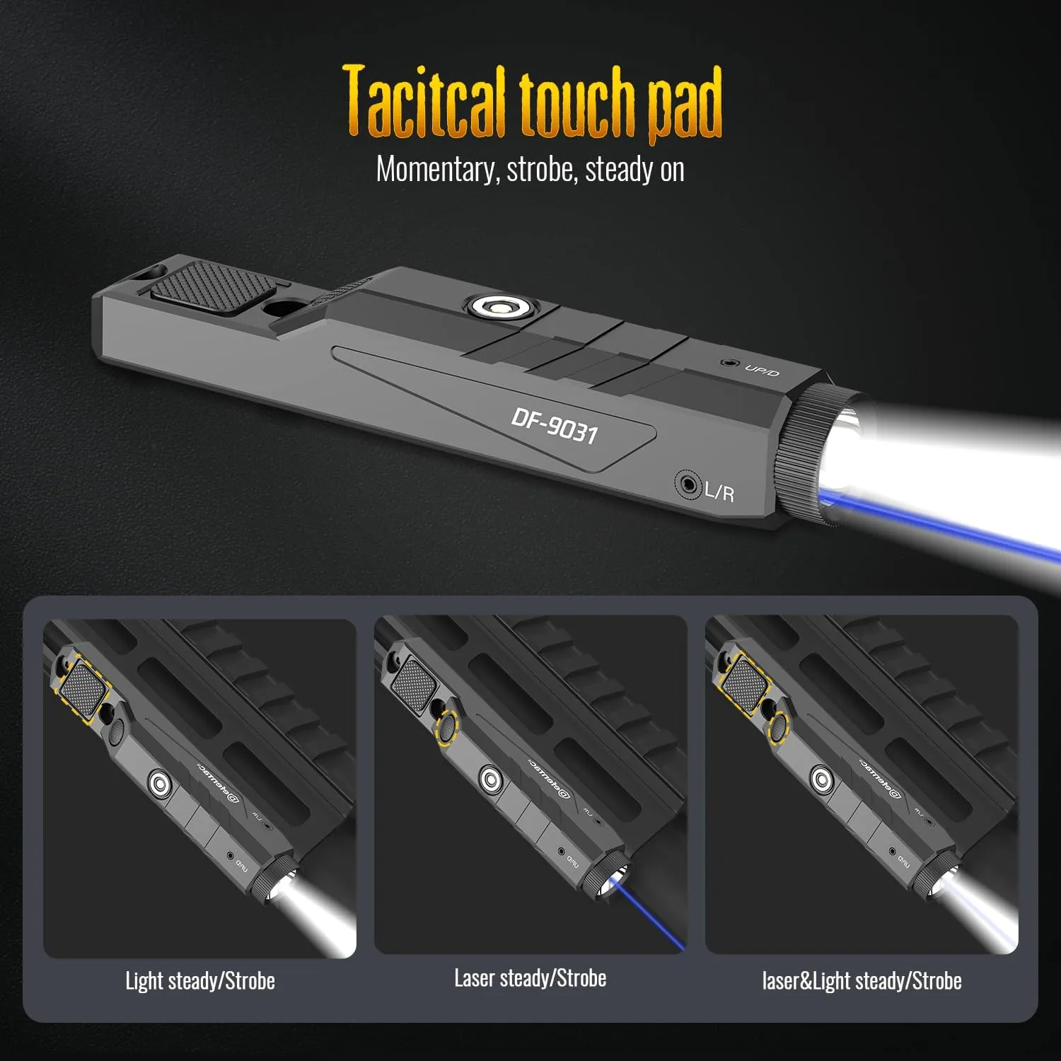 DEFENTAC 1600 Lumens Blue Laser Light Combo Compatible with Picanny/M-Lok Rail, Low Profile Tactical Rifle Laser Sight with Momentary and Strobe, Built-in Pressure Switch, Rechargeable