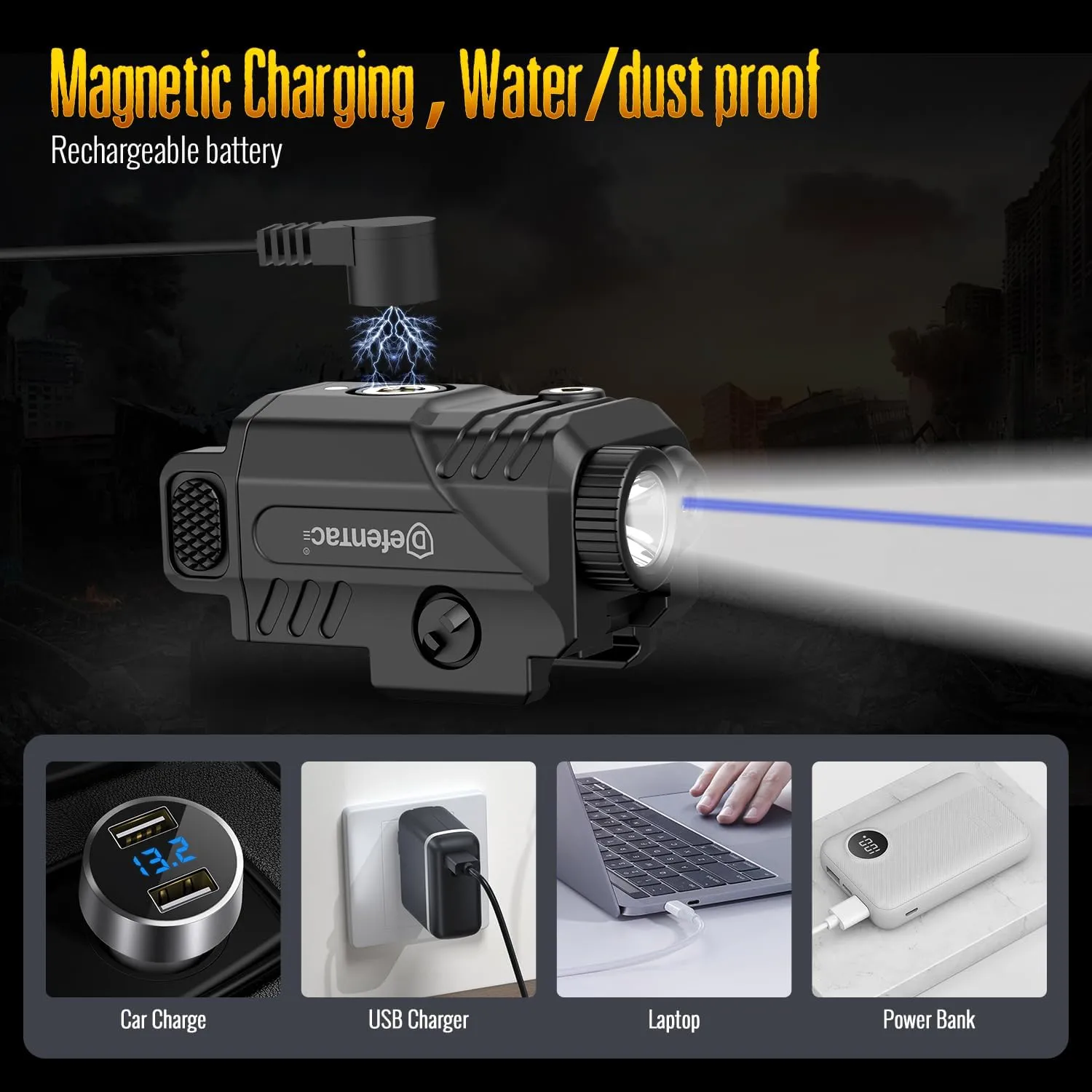 DEFENTAC 450lm Slidable Pistol Light and Blue Laser Sight Combo, Strobe and Momentary Beams for Guns, Magnetic Rechargeable (Blue Laser Light Combo)