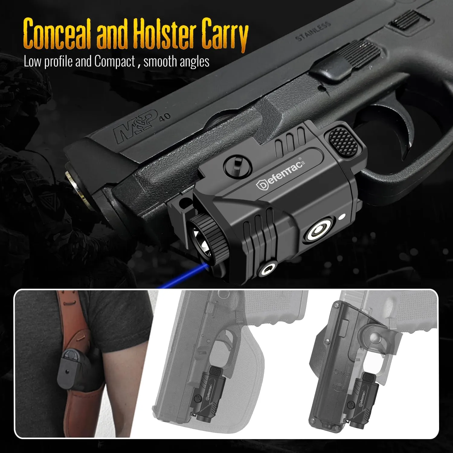 DEFENTAC 450lm Slidable Pistol Light and Blue Laser Sight Combo, Strobe and Momentary Beams for Guns, Magnetic Rechargeable (Blue Laser Light Combo)