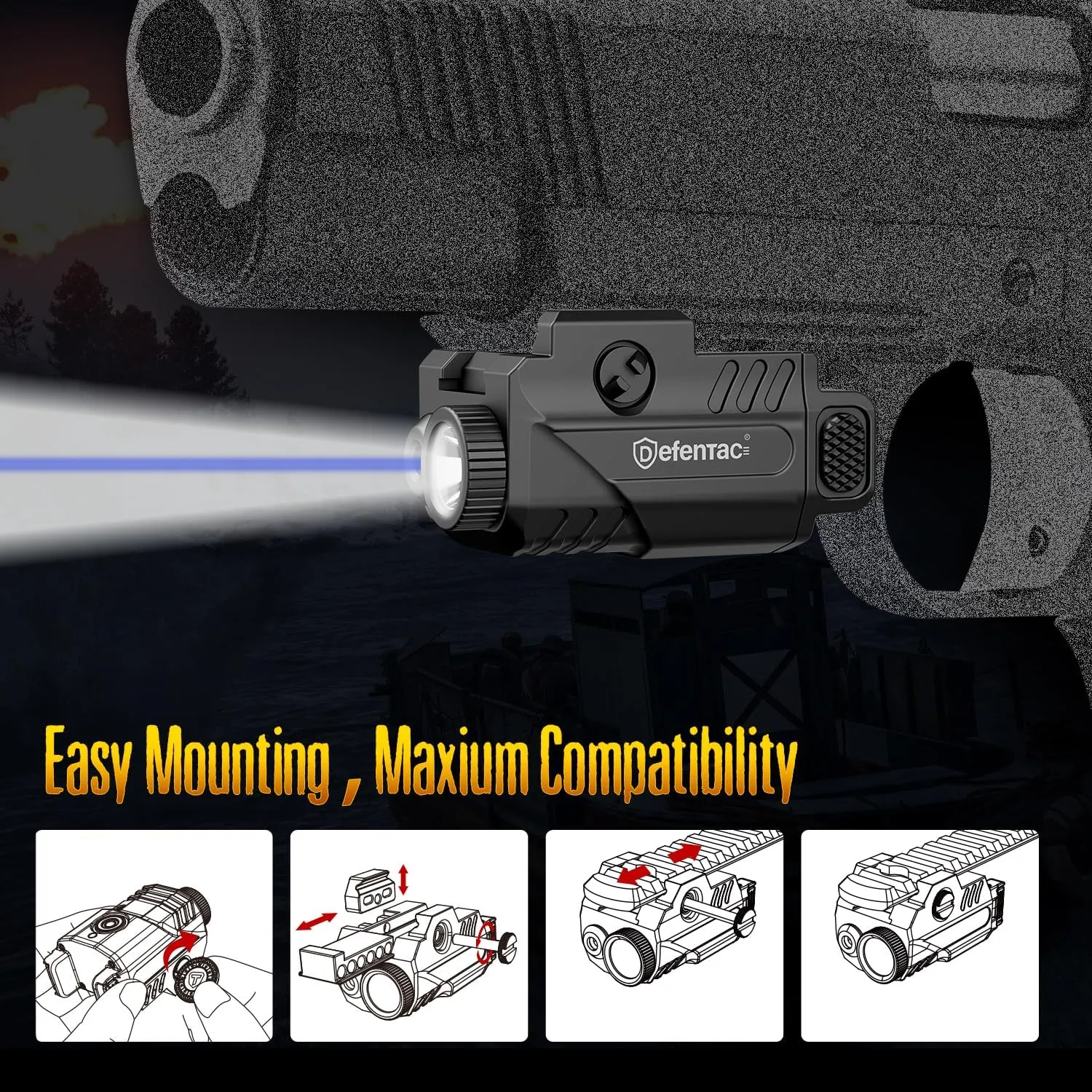 DEFENTAC 450lm Slidable Pistol Light and Blue Laser Sight Combo, Strobe and Momentary Beams for Guns, Magnetic Rechargeable (Blue Laser Light Combo)