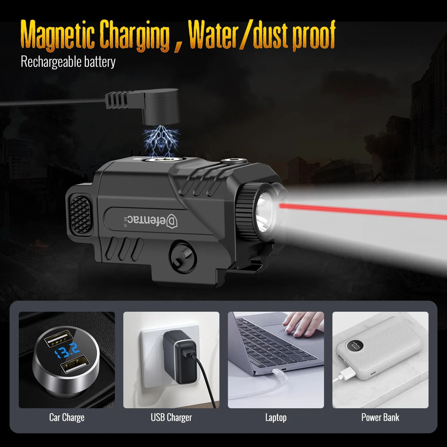 DEFENTAC 450lm Slidable Pistol Light and Red/Green/Blue Laser Sight Combo, Strobe and Momentary Beams for Guns, Magnetic Rechargeable (Red Laser Light Combo)