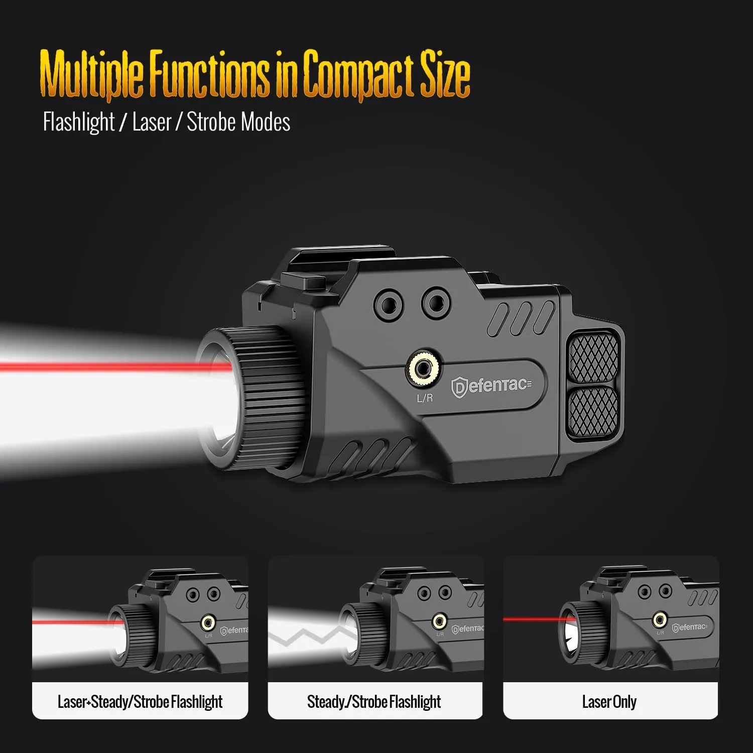 DEFENTAC 800lm Slidable Pistol Light and Red/Green/Blue Laser Sight Combo, Strobe and Momentary Beams for Guns, Magnetic Rechargeable