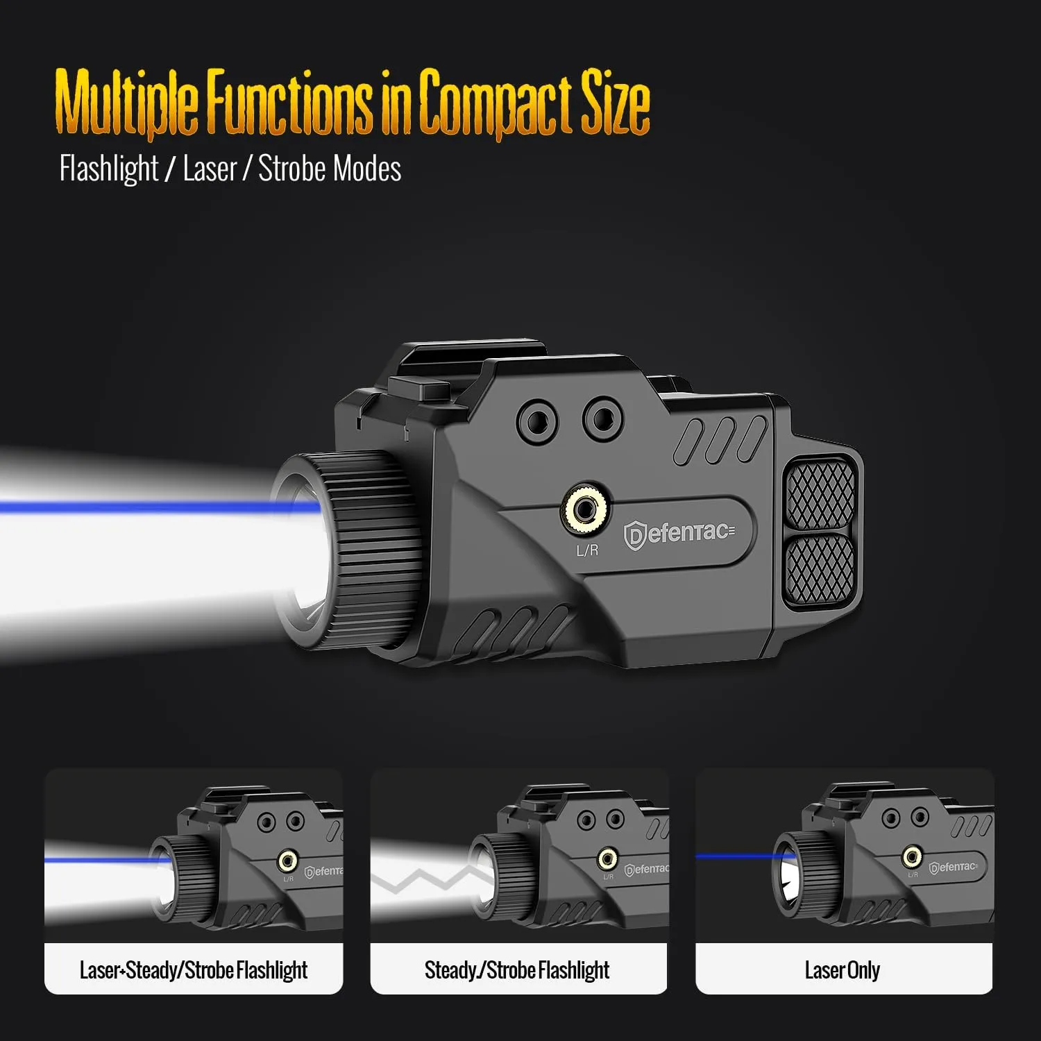 DEFENTAC 800lm Slidable Pistol Light and Red/Green/Blue Laser Sight Combo, Strobe and Momentary Beams for Guns, Magnetic Rechargeable