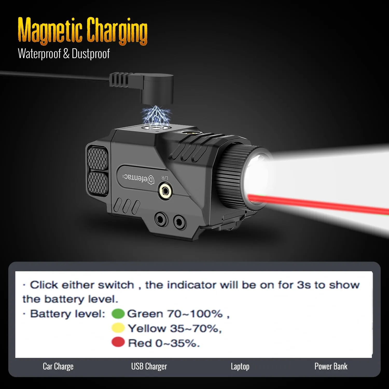 DEFENTAC 800lm Slidable Pistol Light and Red/Green/Blue Laser Sight Combo, Strobe and Momentary Beams for Guns, Magnetic Rechargeable