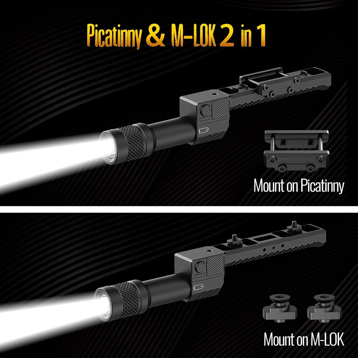 DEFENTAC Aluminum Flashlight for Rifle (2 in 1 Mount) is Compatible with Picatinny/Mlok Rail, 1450 Lumens Tactical Weapon Light with Momentary Strobe Replaceable Battery
