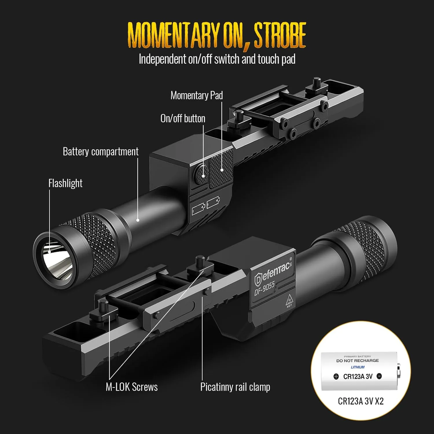 DEFENTAC Aluminum Flashlight for Rifle (2 in 1 Mount) is Compatible with Picatinny/Mlok Rail, 1450 Lumens Tactical Weapon Light with Momentary Strobe Replaceable Battery