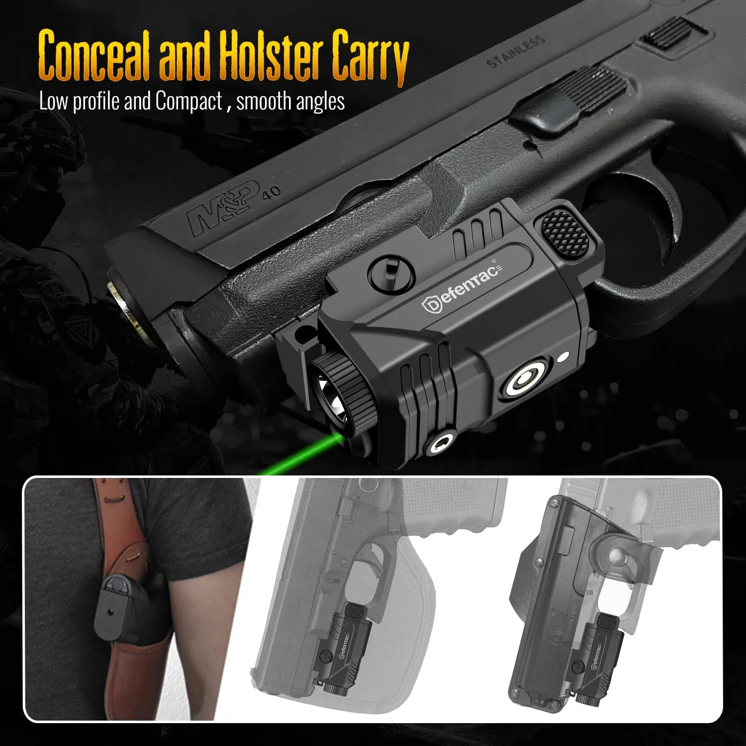 DEFENTAC DF-1061 Magnetic Charging Pistol Light with Green Beams for Guns, 450 Lumens Tactical Flashlight White LED and Green Beam Combo with Sliding Rail