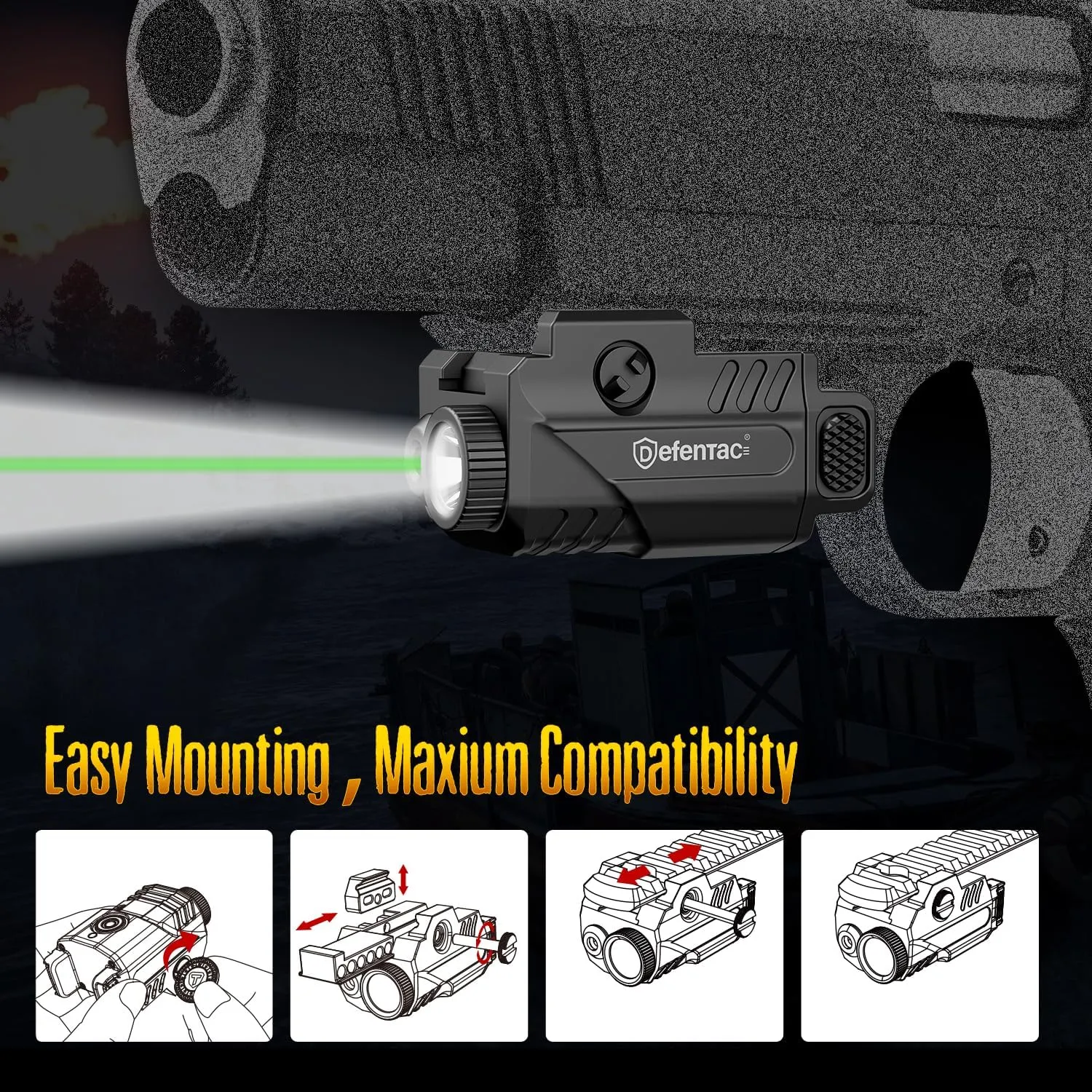 DEFENTAC DF-1061 Magnetic Charging Pistol Light with Green Beams for Guns, 450 Lumens Tactical Flashlight White LED and Green Beam Combo with Sliding Rail