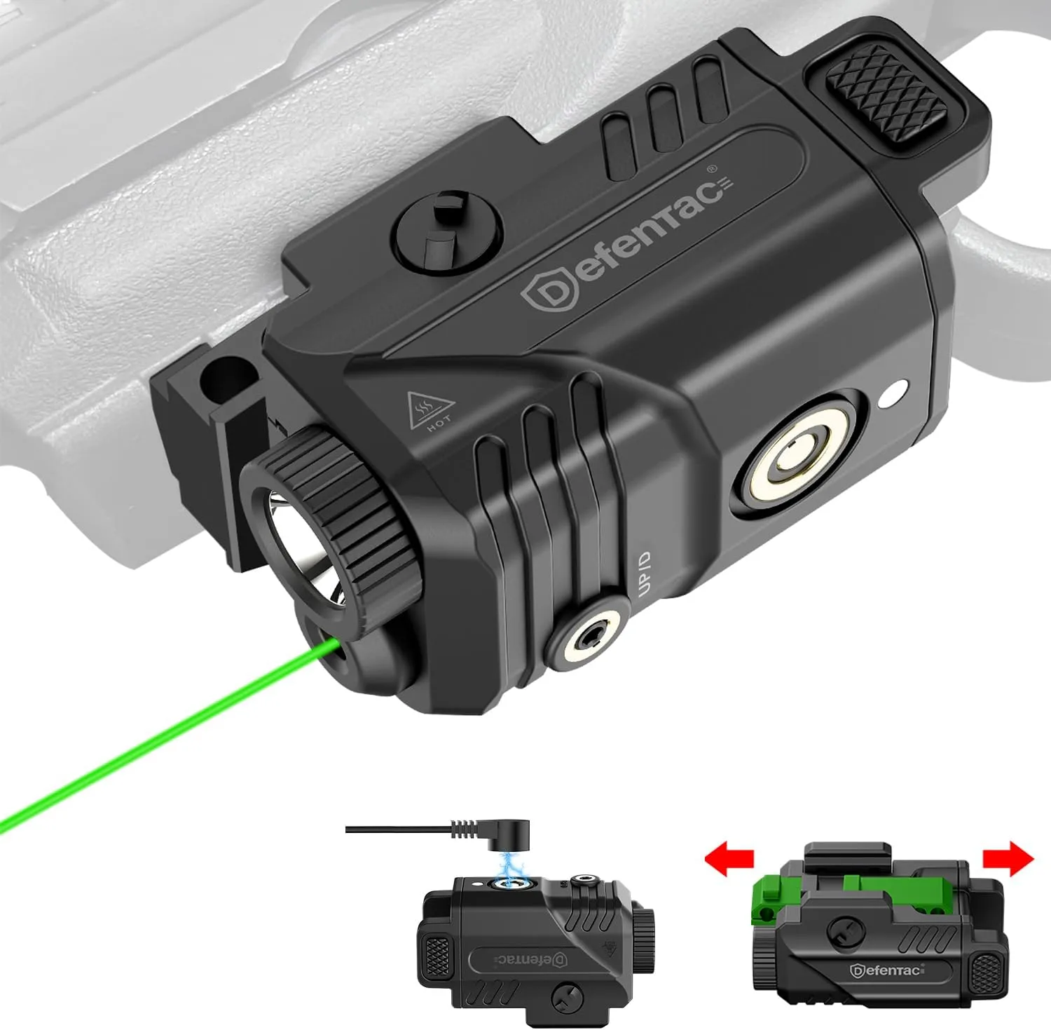 DEFENTAC DF-1061 Magnetic Charging Pistol Light with Green Beams for Guns, 450 Lumens Tactical Flashlight White LED and Green Beam Combo with Sliding Rail
