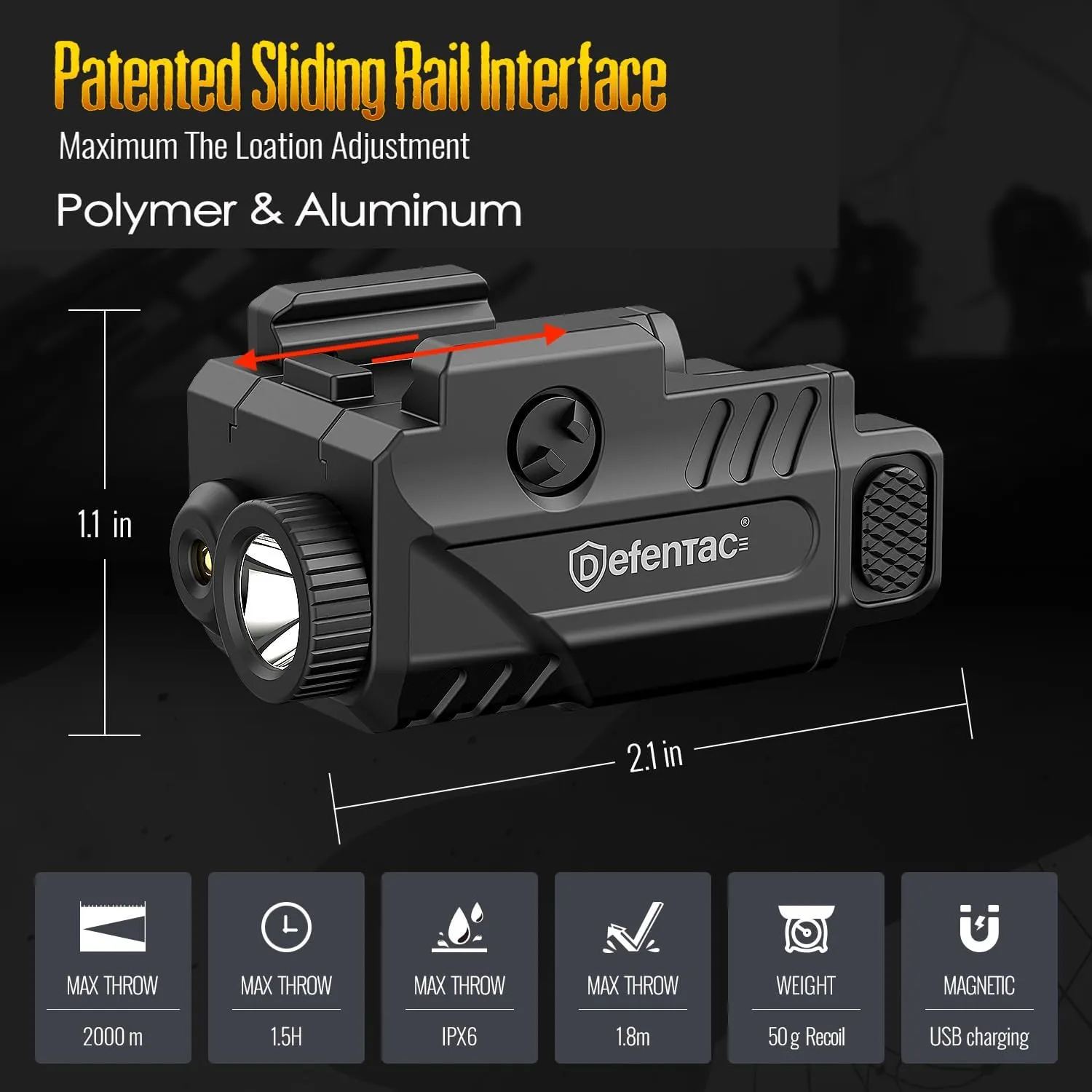DEFENTAC DF-1061 Magnetic Charging Pistol Light with Green Beams for Guns, 450 Lumens Tactical Flashlight White LED and Green Beam Combo with Sliding Rail