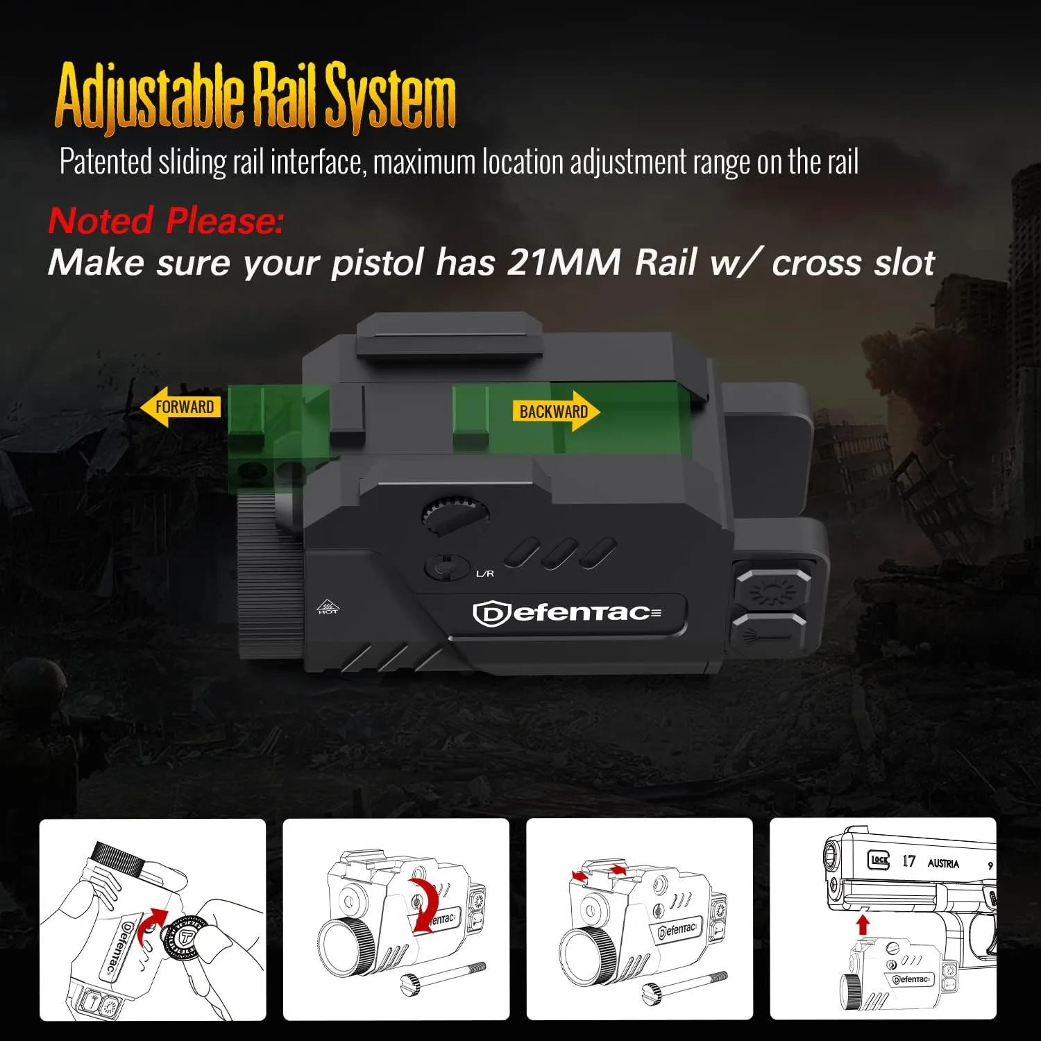 Defentac Pistol Laser Light Combo 680 Lumens, Strobe Tactical Flashlight with Green Beams for Compact Guns W/a Rail, Magnetic Rechargeable