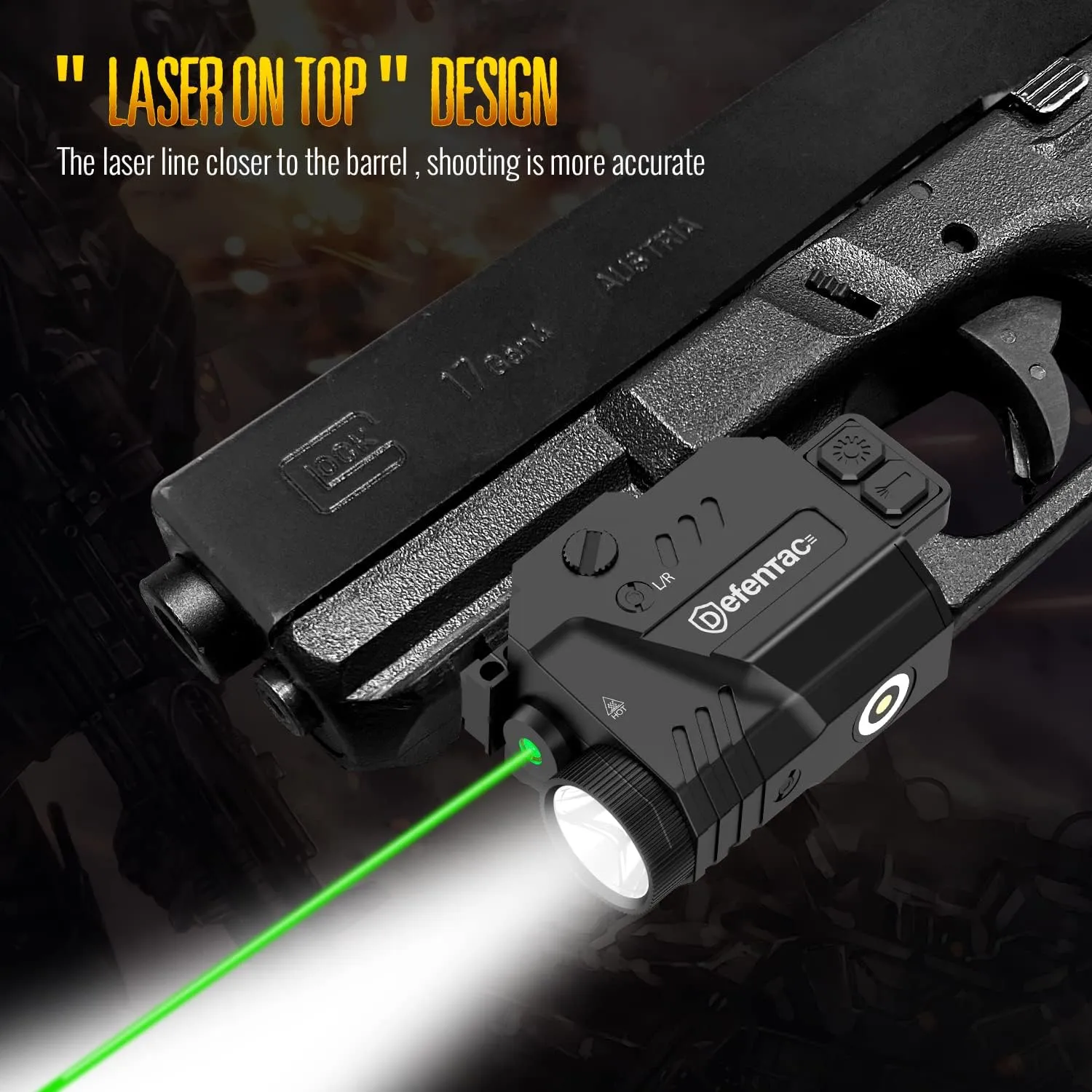 Defentac Pistol Laser Light Combo 680 Lumens, Strobe Tactical Flashlight with Green Beams for Compact Guns W/a Rail, Magnetic Rechargeable