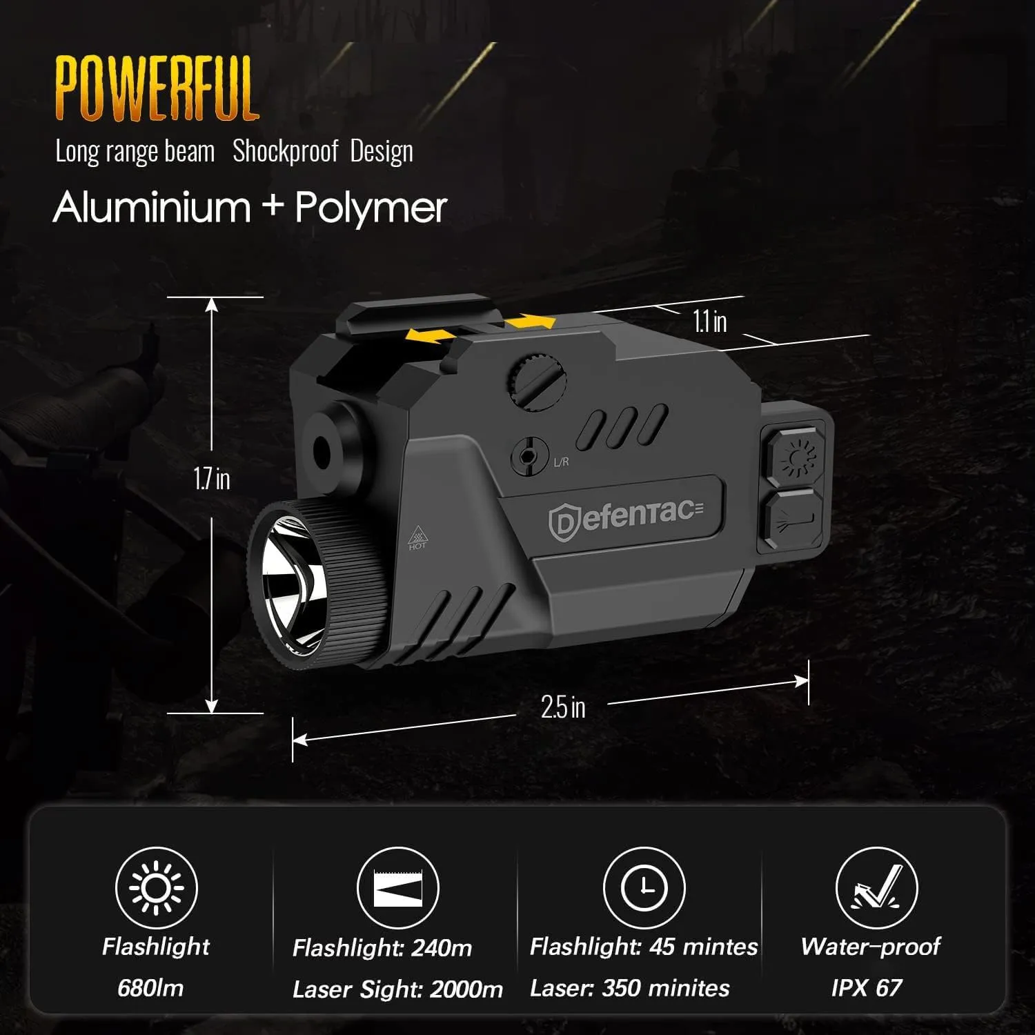 Defentac Pistol Laser Light Combo 680 Lumens, Strobe Tactical Flashlight with Green Beams for Compact Guns W/a Rail, Magnetic Rechargeable
