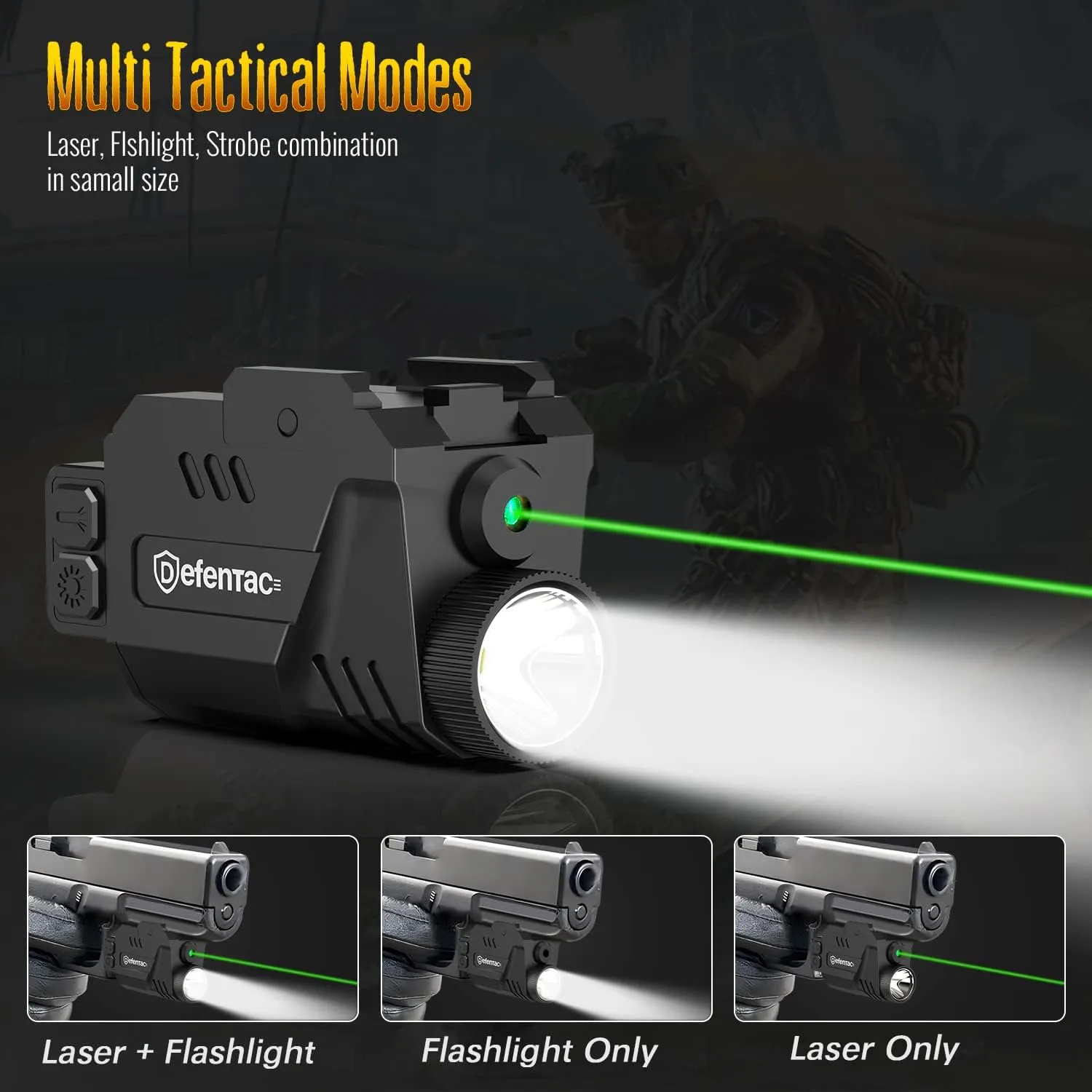 Defentac Pistol Laser Light Combo 680 Lumens, Strobe Tactical Flashlight with Green Beams for Compact Guns W/a Rail, Magnetic Rechargeable