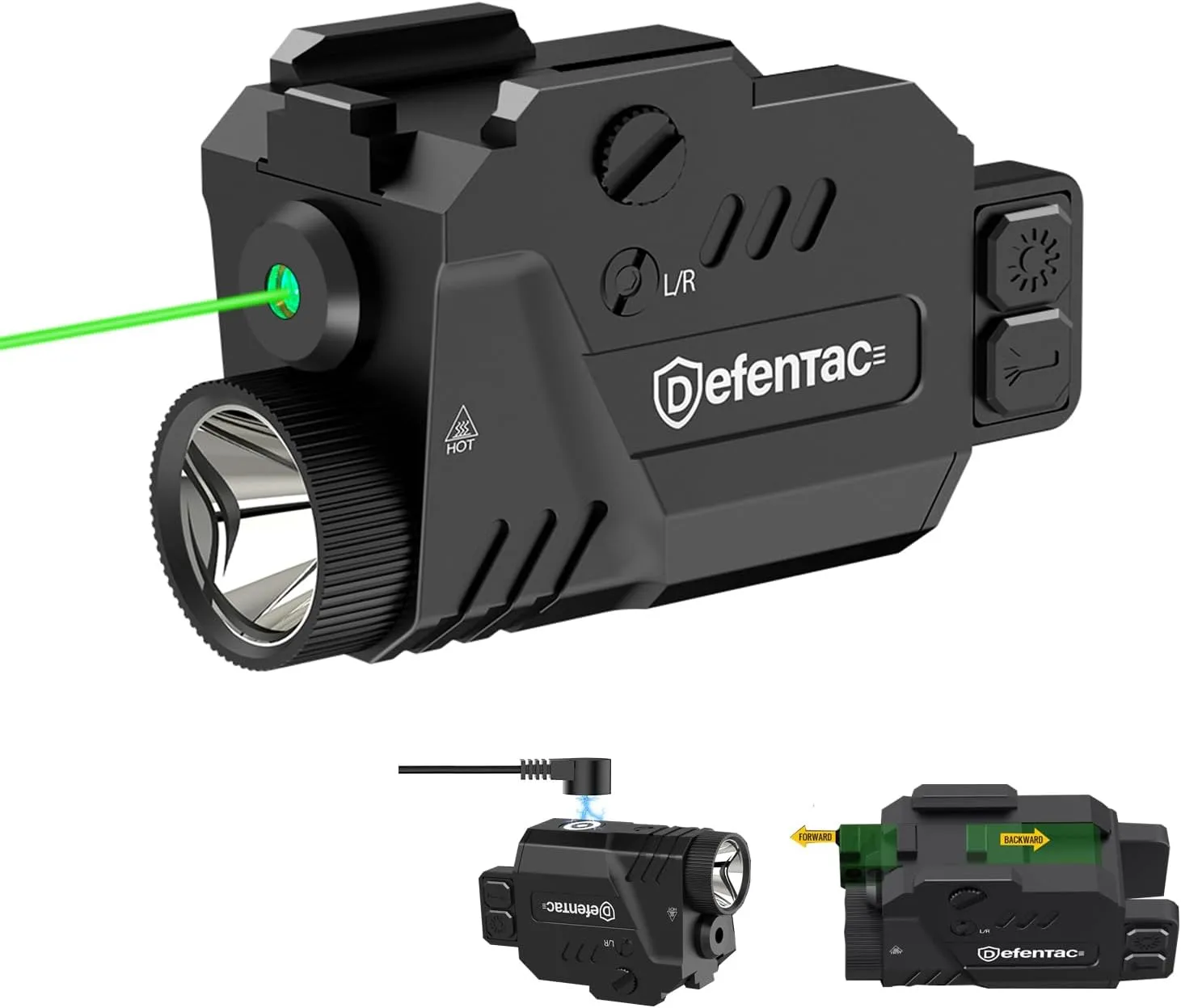 Defentac Pistol Laser Light Combo 680 Lumens, Strobe Tactical Flashlight with Green Beams for Compact Guns W/a Rail, Magnetic Rechargeable