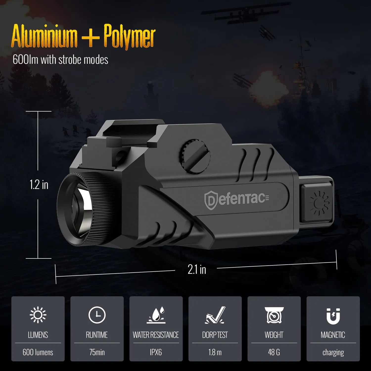 DEFENTAC Pistol Light with Strobe Function for Guns, 600 Lumens Tactical Flashlight for Handguns, High Performance Weapon Light, Magnetic Charging