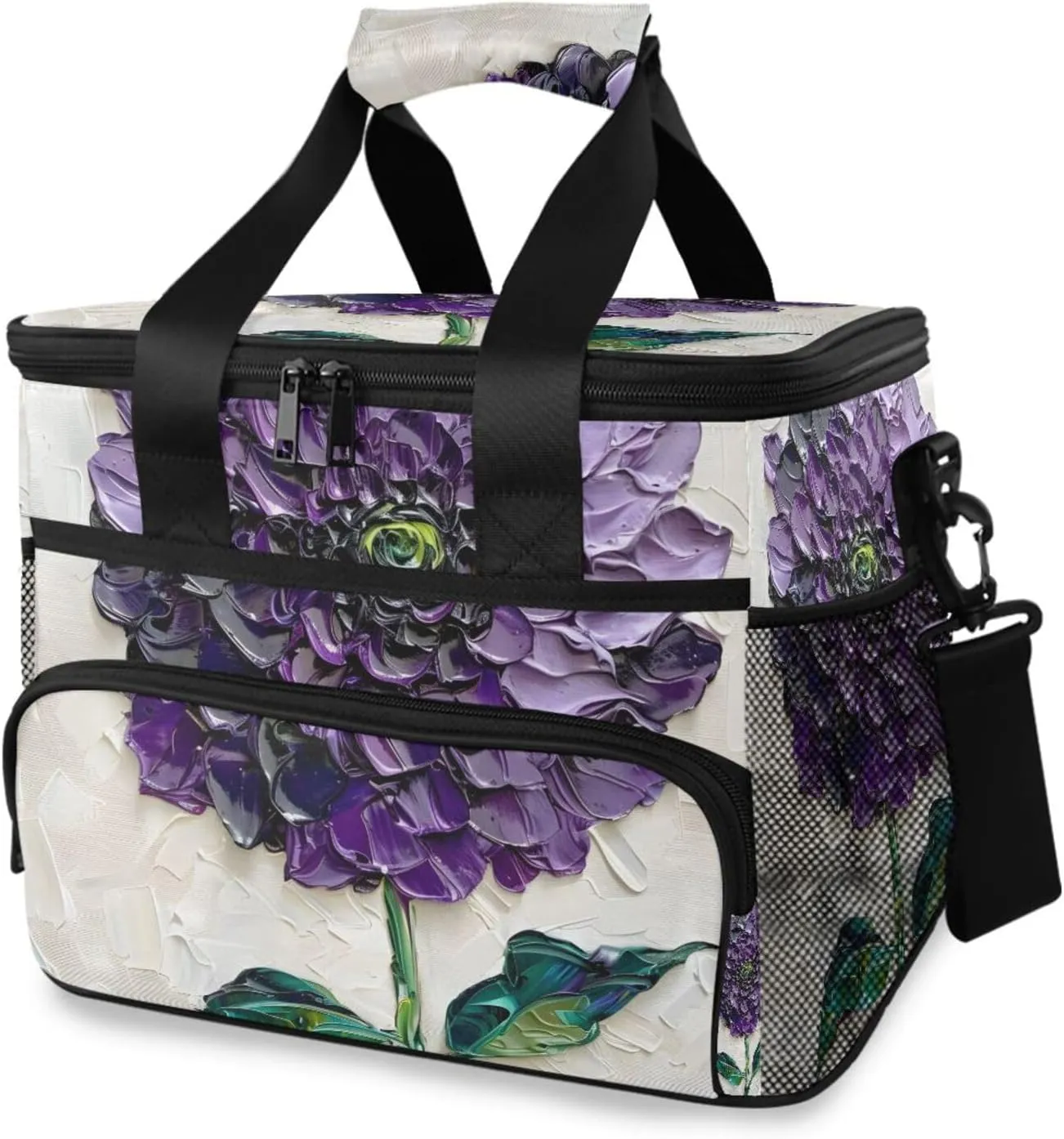 Dhalia Flower Purple Green Leaves Cooler Bag Insulated Cooler Soft Sided Cooler 24 Can Portable Picnic Bag Large Leakproof Lunch Bag Box for Beach Grocery Camping Travel Car Men Women