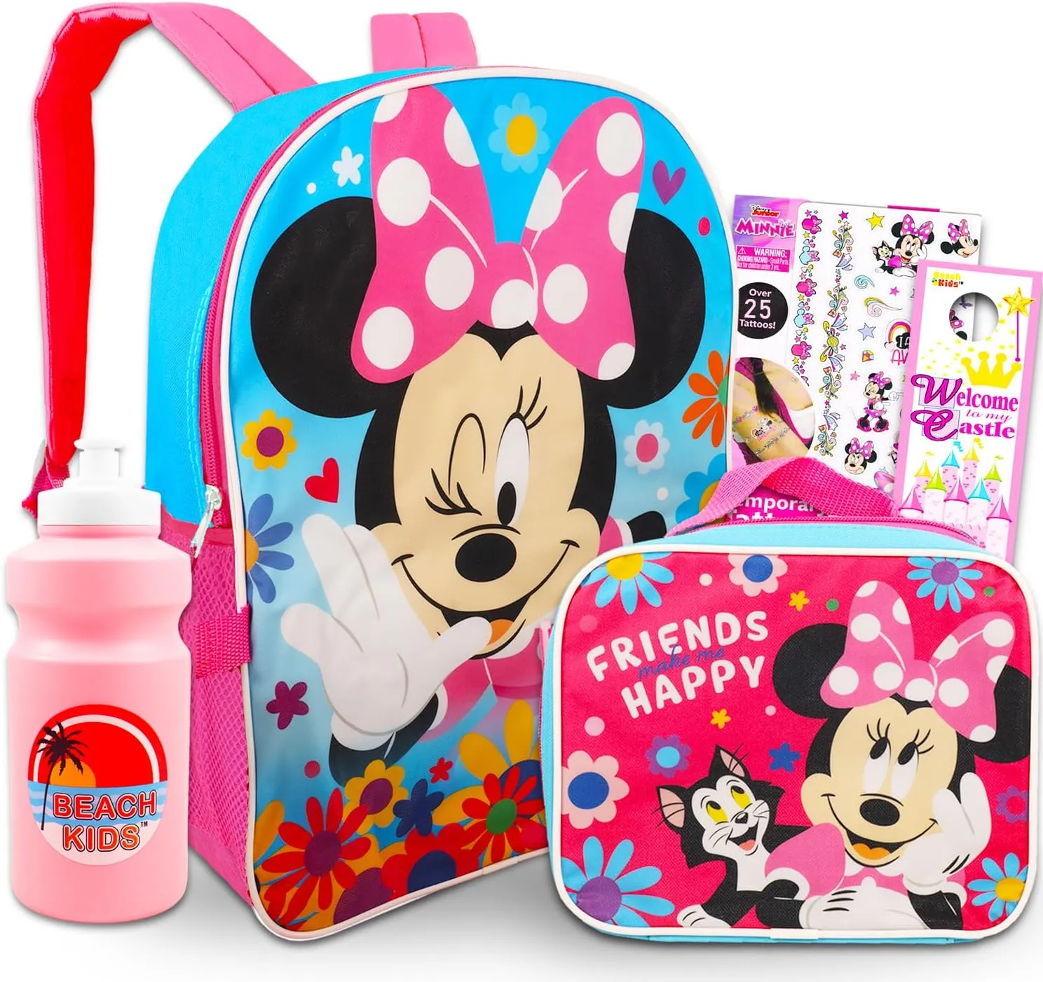 Disney Minnie Mouse Backpack with Lunch Box for Girls 5 Pc Bundle ~ Deluxe 16" Minnie Bag, Insulated Lunch Bag, Tattoos, and More (Minnie Mouse School Supplies)