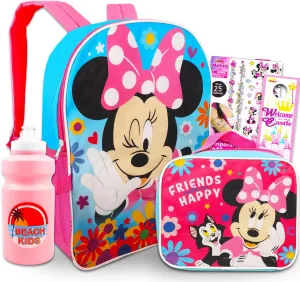 Disney Minnie Mouse Backpack with Lunch Box for Girls 5 Pc Bundle ~ Deluxe 16" Minnie Bag, Insulated Lunch Bag, Tattoos, and More (Minnie Mouse School Supplies)