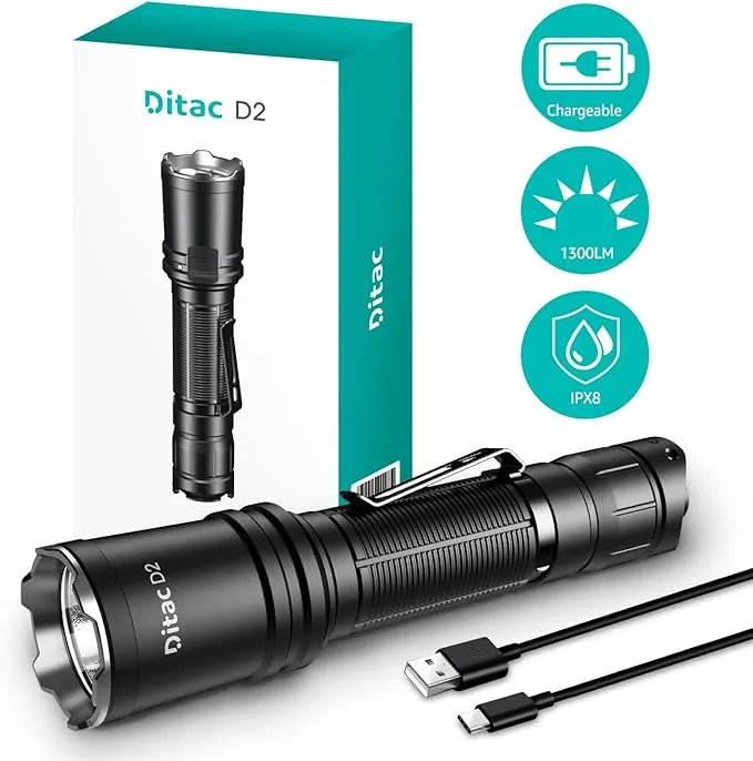 Ditac D2 Tactical Flashlight Dual Switch,1300 High Lumen Bright Led Handheld Flashlights Rechargeable with 3 Gear Adjustable Light & Strobe, Pocket Flashlight IPX8 Waterproof for Outdoor,Camping