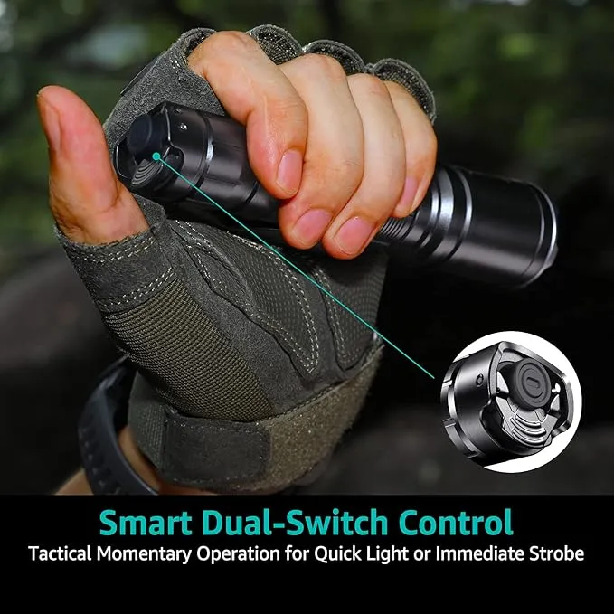 Ditac D2 Tactical Flashlight Dual Switch,1300 High Lumen Bright Led Handheld Flashlights Rechargeable with 3 Gear Adjustable Light & Strobe, Pocket Flashlight IPX8 Waterproof for Outdoor,Camping