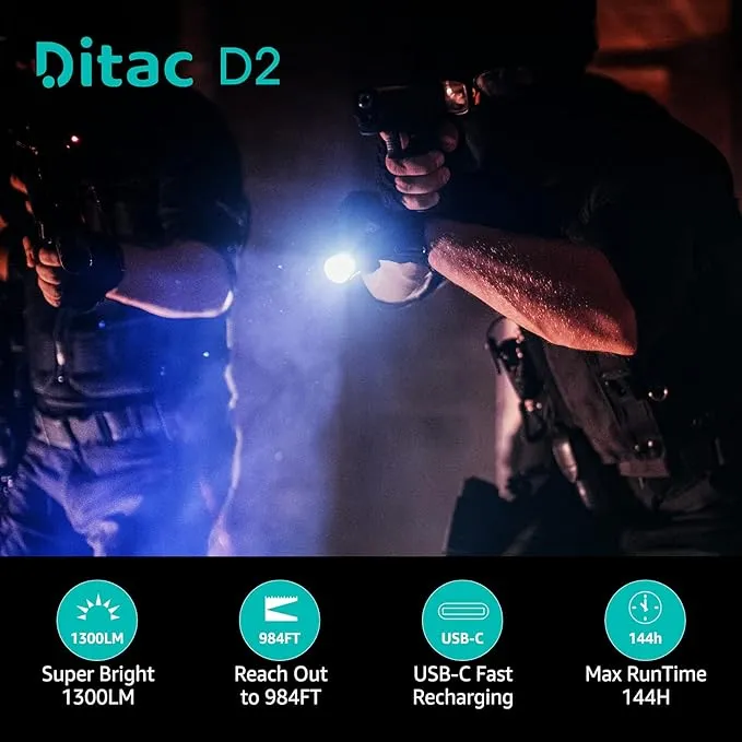 Ditac D2 Tactical Flashlight Dual Switch,1300 High Lumen Bright Led Handheld Flashlights Rechargeable with 3 Gear Adjustable Light & Strobe, Pocket Flashlight IPX8 Waterproof for Outdoor,Camping