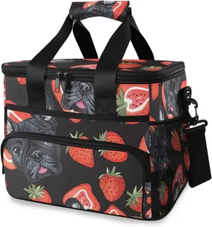 Dog French Bulldog Puppy Strawberry Cooler Bag Insulated Cooler Soft Sided Cooler 24 Can Portable Picnic Bag Large Leakproof Lunch Bag Box for Beach Grocery Camping Travel Car Men Women