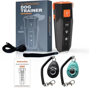 Dog Training Clicker & Anti Barking Device – Ultrasonic Dog Bark Deterrent with Flashlight | Stops Your or Neighbor’s Dog from Barking | 3 Emitters, 4 Modes, Rechargeable, Up to 50ft Range