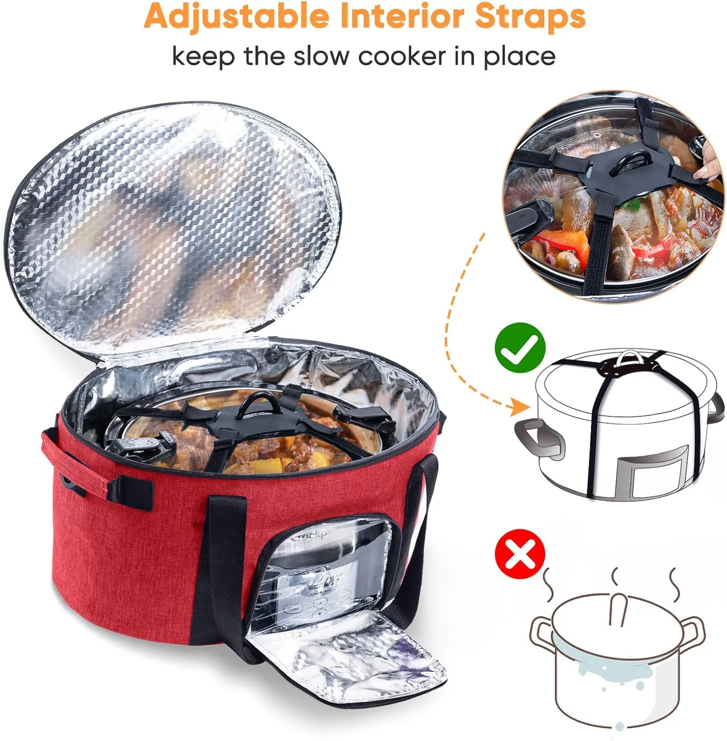 Double-Layer Slow Cooker Carrying Bag for 6-8 Quart CrockPot and Hamlton Beach Slow Cooker, Travel Bag with Lid Fastener for Crock-pot, Portable Carrier Case Slow Cooker Bag with See-thought Window