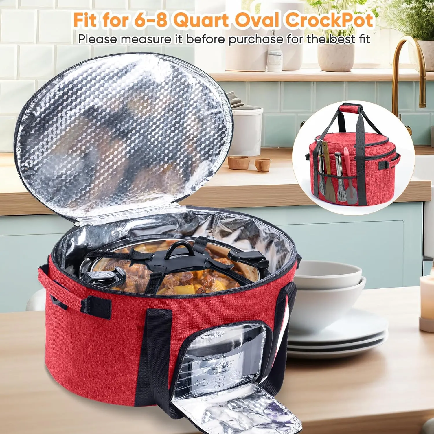 Double-Layer Slow Cooker Carrying Bag for 6-8 Quart CrockPot and Hamlton Beach Slow Cooker, Travel Bag with Lid Fastener for Crock-pot, Portable Carrier Case Slow Cooker Bag with See-thought Window