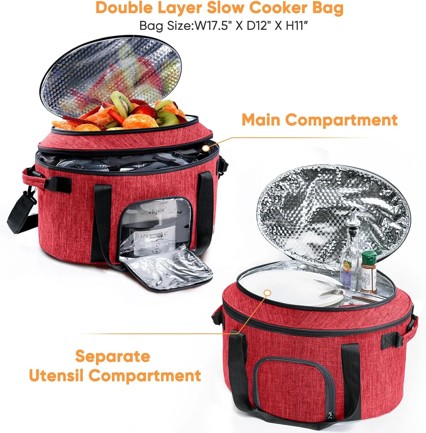 Double-Layer Slow Cooker Carrying Bag for 6-8 Quart CrockPot and Hamlton Beach Slow Cooker, Travel Bag with Lid Fastener for Crock-pot, Portable Carrier Case Slow Cooker Bag with See-thought Window