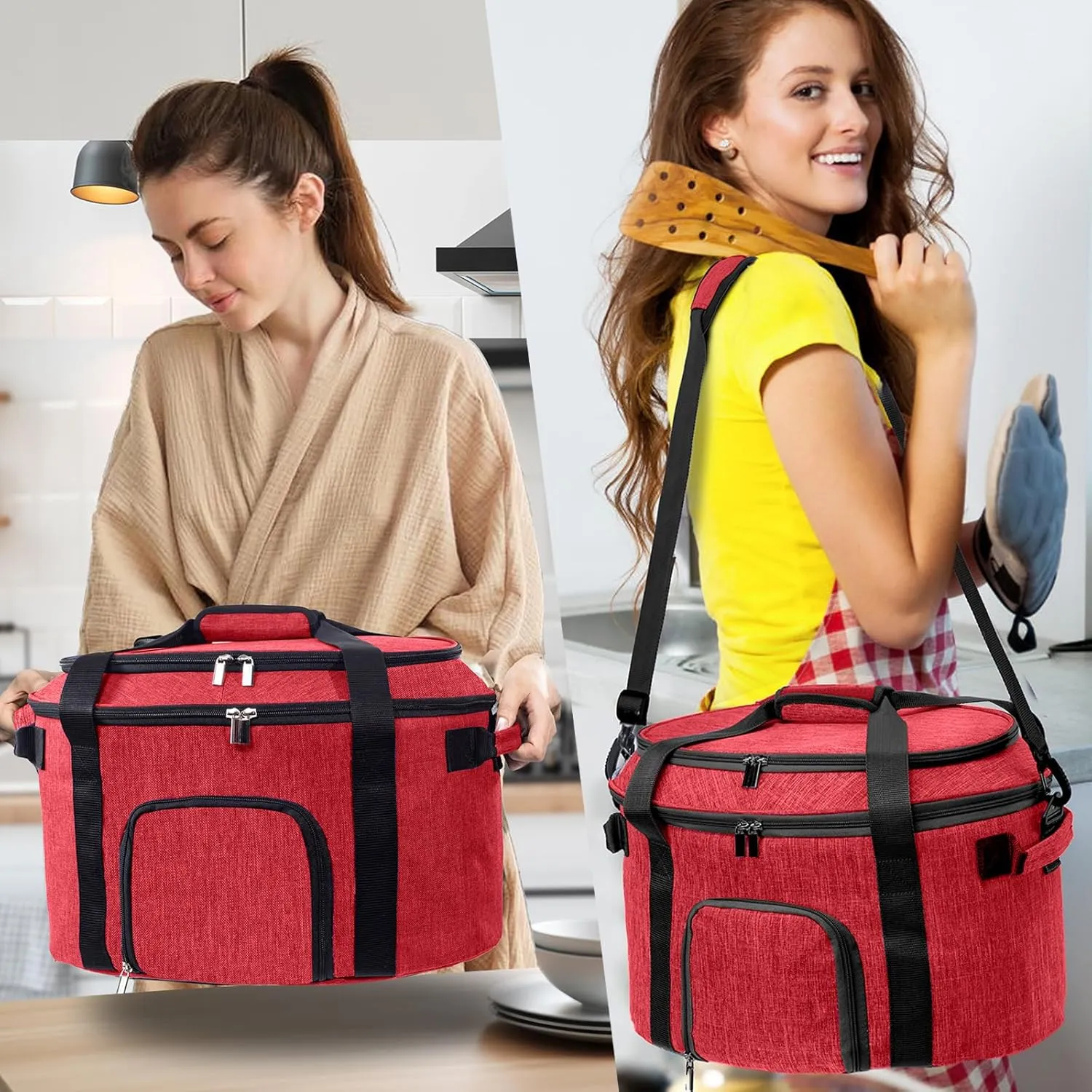 Double-Layer Slow Cooker Carrying Bag for 6-8 Quart CrockPot and Hamlton Beach Slow Cooker, Travel Bag with Lid Fastener for Crock-pot, Portable Carrier Case Slow Cooker Bag with See-thought Window