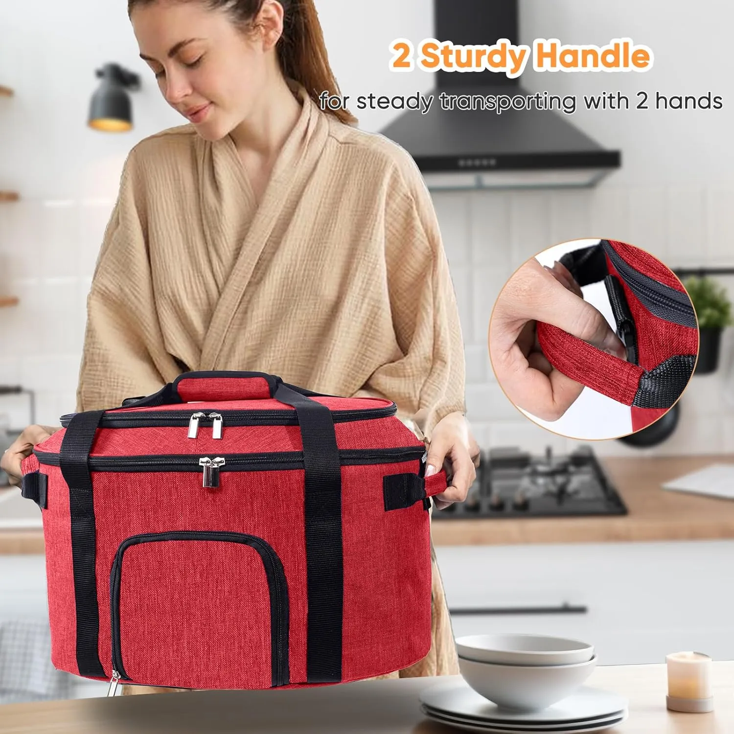 Double-Layer Slow Cooker Carrying Bag for 6-8 Quart CrockPot and Hamlton Beach Slow Cooker, Travel Bag with Lid Fastener for Crock-pot, Portable Carrier Case Slow Cooker Bag with See-thought Window
