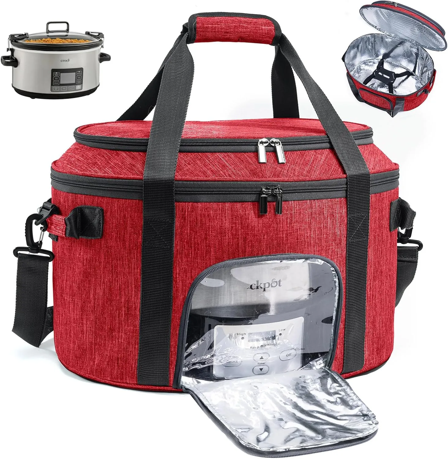Double-Layer Slow Cooker Carrying Bag for 6-8 Quart CrockPot and Hamlton Beach Slow Cooker, Travel Bag with Lid Fastener for Crock-pot, Portable Carrier Case Slow Cooker Bag with See-thought Window