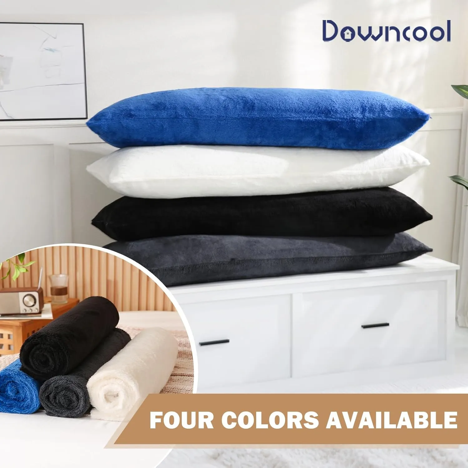 DOWNCOOL Large Body Pillow Insert with Faux Fur Cover - Fluffy Long Bed Pillow for Sleeping - Breathable Full Body Pillow for Adults - 20x54 inch (Black, with Cover)