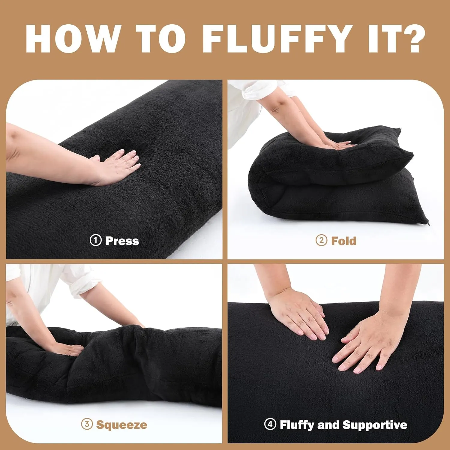 DOWNCOOL Large Body Pillow Insert with Faux Fur Cover - Fluffy Long Bed Pillow for Sleeping - Breathable Full Body Pillow for Adults - 20x54 inch (Black, with Cover)