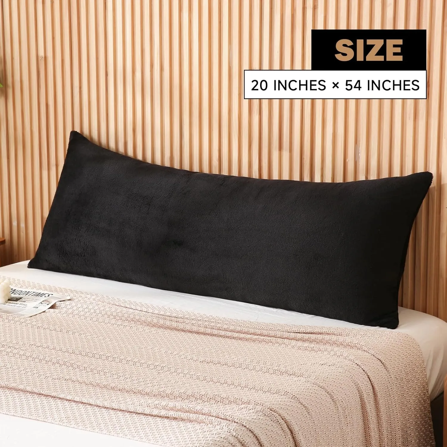 DOWNCOOL Large Body Pillow Insert with Faux Fur Cover - Fluffy Long Bed Pillow for Sleeping - Breathable Full Body Pillow for Adults - 20x54 inch (Black, with Cover)