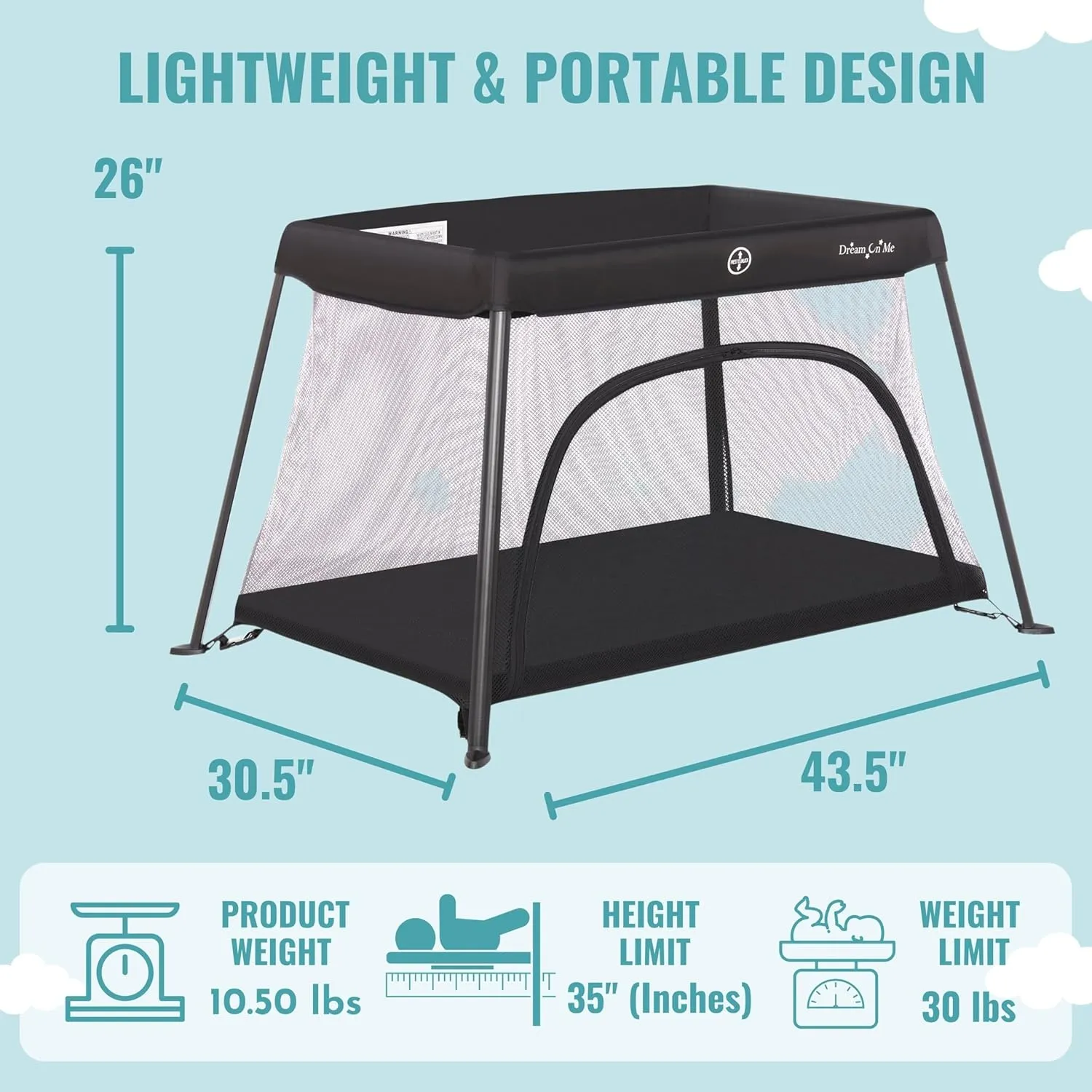 Dream On Me Travel Light Playard with Mesh Zipper Door and Holly 3” Fiber Mini Crib Mattress