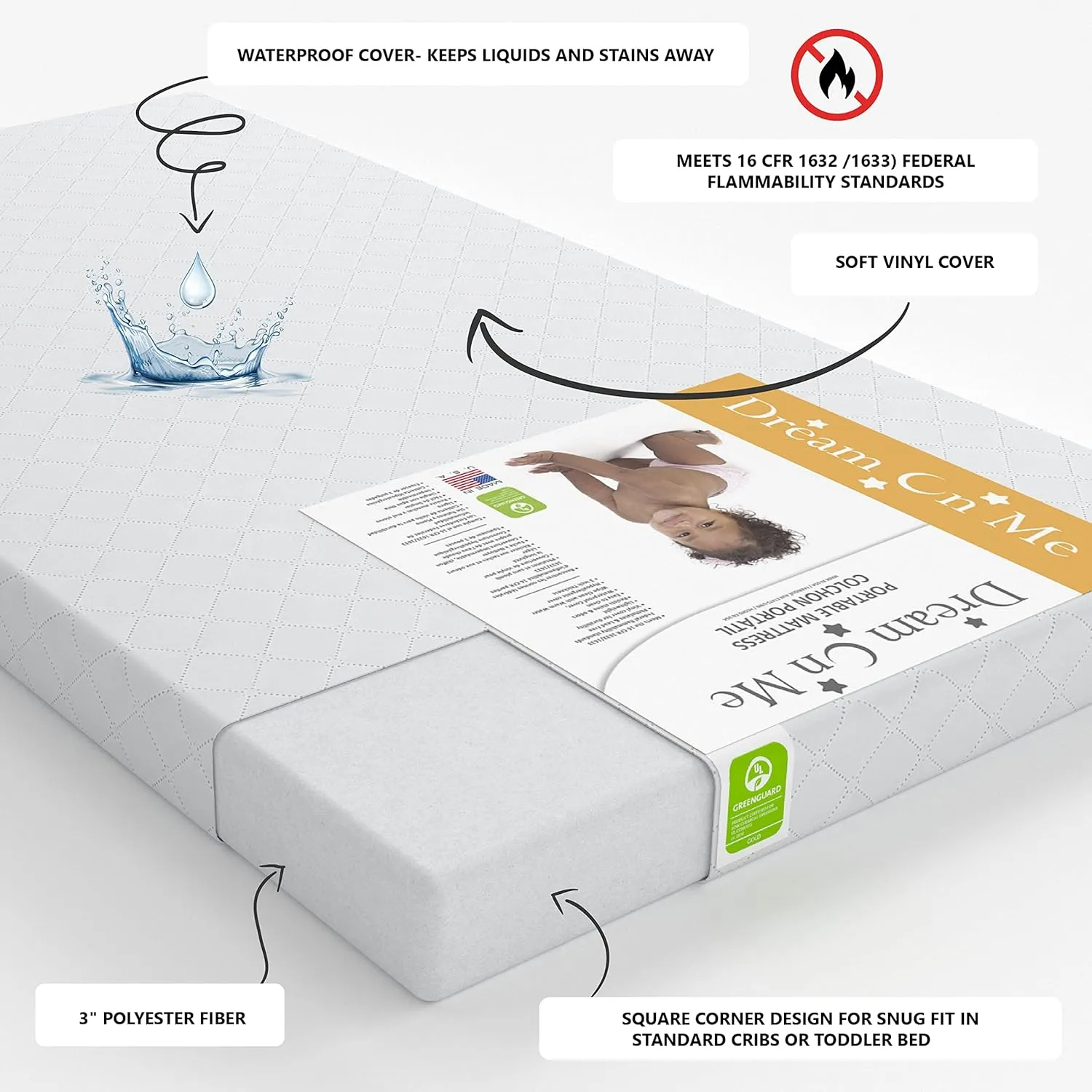 Dream On Me Travel Light Playard with Mesh Zipper Door and Holly 3” Fiber Mini Crib Mattress