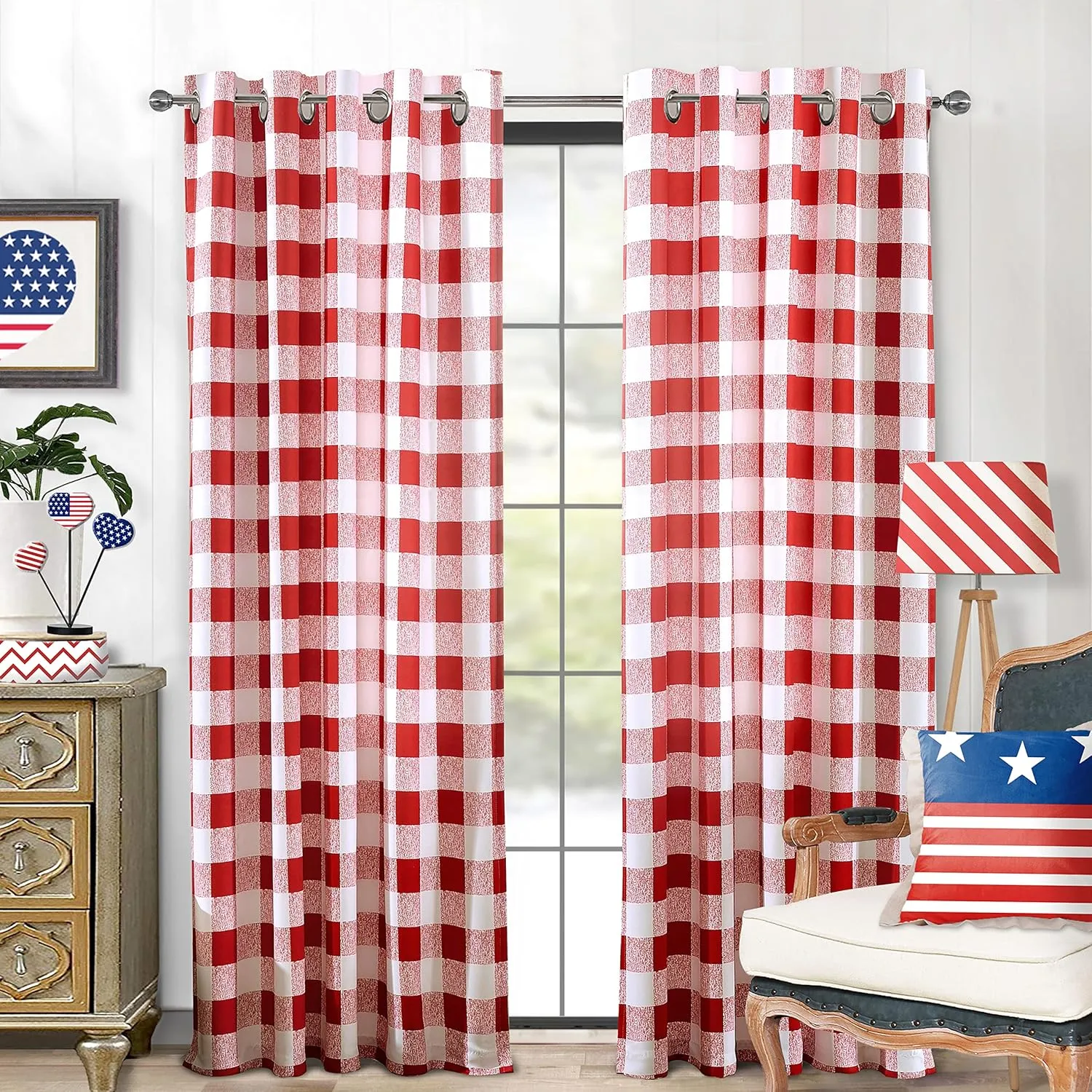 DriftAway Buffalo Plaid Check Curtains Blackout Room Darkening Thermal Insulated Red and White Buffalo Checkered Window Drapes for Farmhouse Bedroom Living Room Grommet Curtain 2 Panels 84 Inch Long