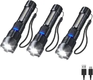 Earrck Outdoor Strong Light Flashlight USB Rechargeable 1500 Lumens, Earc Strong Flashlights High Lumens, Flash Lights for Camping, Waterproof, Zoomable(3 pc), Black