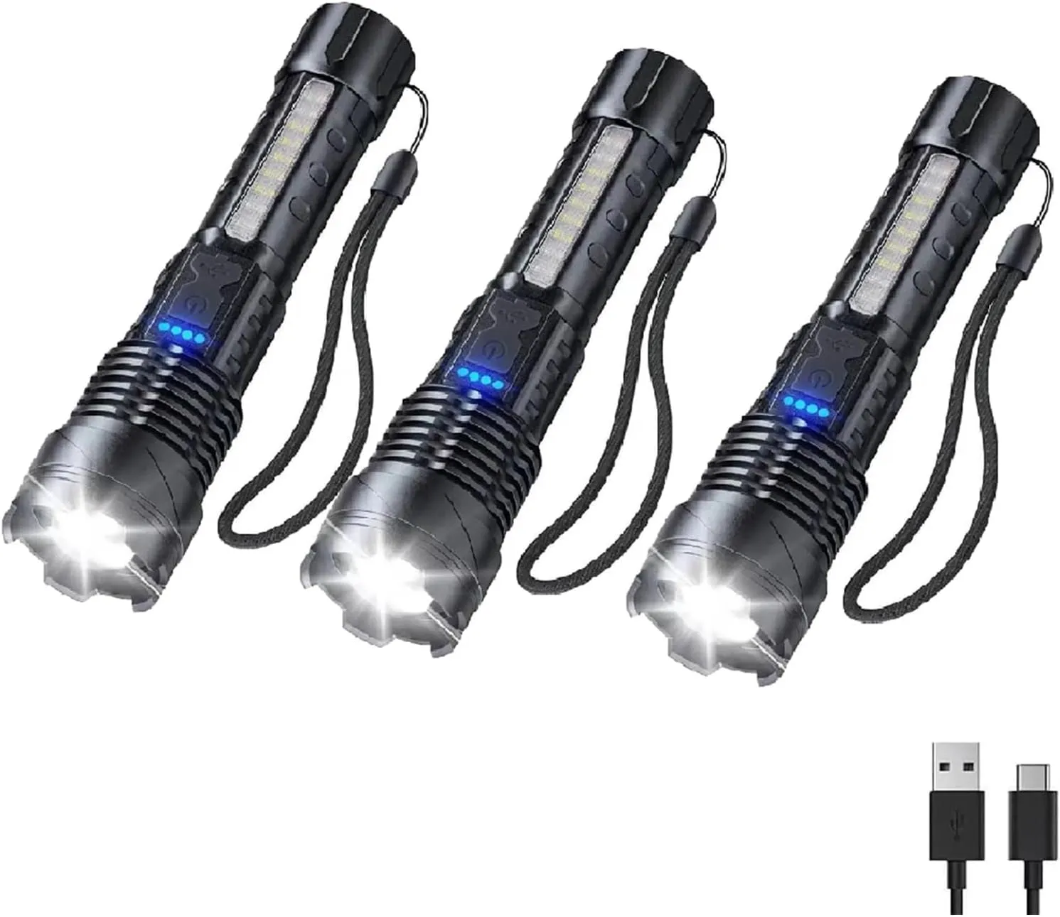 Earrck Outdoor Strong Light Flashlight USB Rechargeable 1500 Lumens, Earc Strong Flashlights High Lumens, Flash Lights for Camping, Waterproof, Zoomable(3 pc), Black