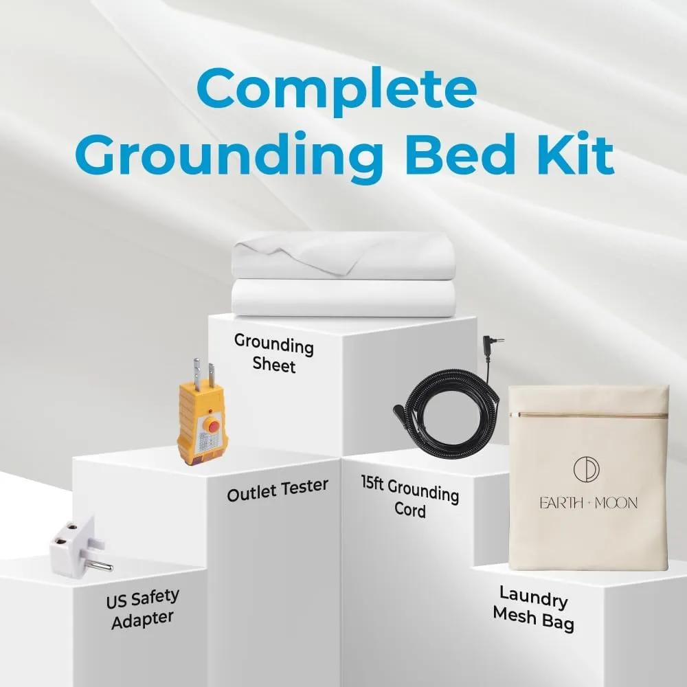 Earth and Moon Grounding Sheets Twin 39x75x15in (White), 94% Organic Cotton Fitted Sheet with 6% Conductive Silver Fiber for Sleeping and Stress Reduction, Complete Grounded Bed Kit with Outlet Tester