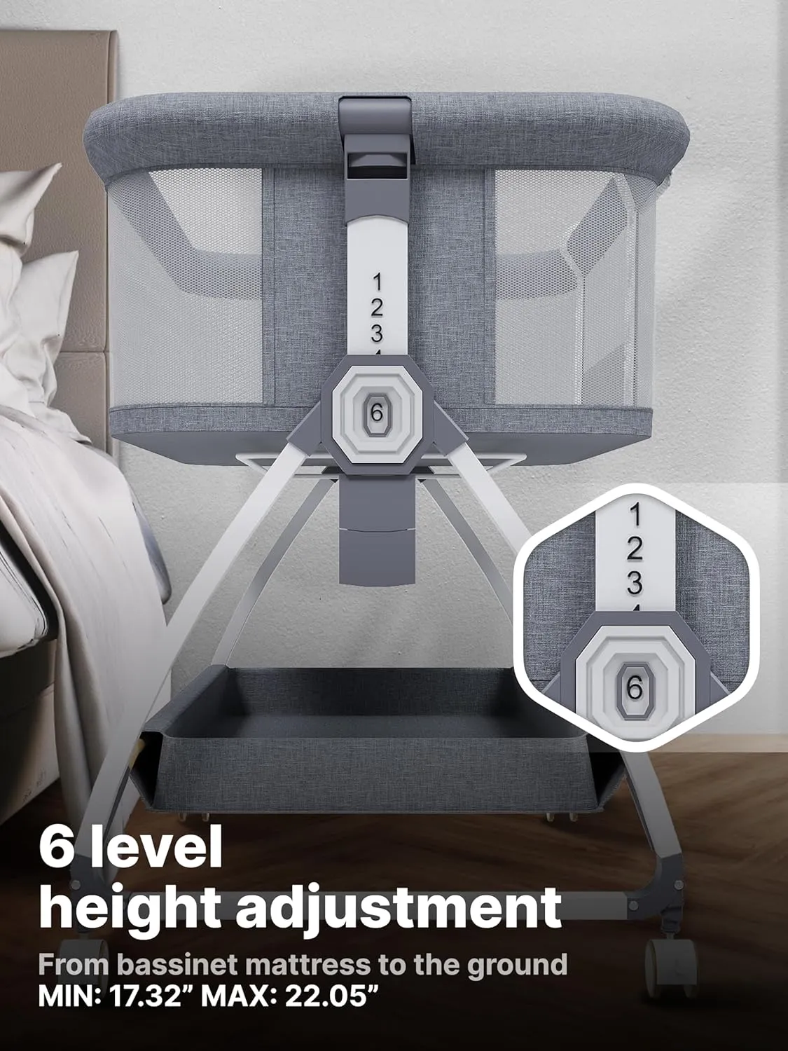 Earth&ME Baby Bassinet Bedside Sleeper with Rocking - All Mesh Portable Bedside Crib for Safe Co-Sleeping, Storage Basket and Wheels, Adjustable Height, Includes Travel Bag, Mosquito Net