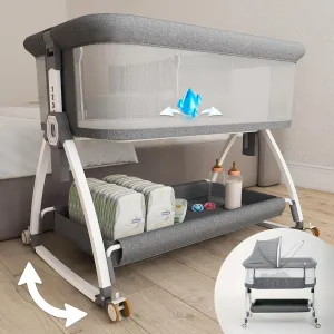 Earth&ME Baby Bassinet Bedside Sleeper with Rocking - All Mesh Portable Bedside Crib for Safe Co-Sleeping, Storage Basket and Wheels, Adjustable Height, Includes Travel Bag, Mosquito Net