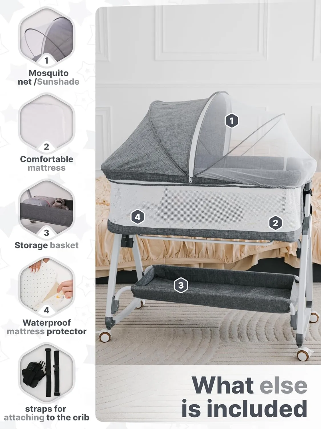 Earth&ME Baby Bassinet Bedside Sleeper with Rocking - All Mesh Portable Bedside Crib for Safe Co-Sleeping, Storage Basket and Wheels, Adjustable Height, Includes Travel Bag, Mosquito Net