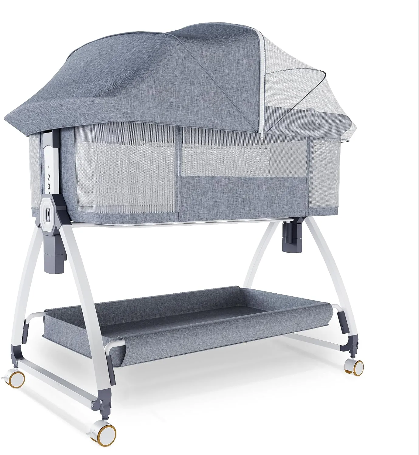 Earth&ME Baby Bassinet Bedside Sleeper with Rocking - All Mesh Portable Bedside Crib for Safe Co-Sleeping, Storage Basket and Wheels, Adjustable Height, Includes Travel Bag, Mosquito Net