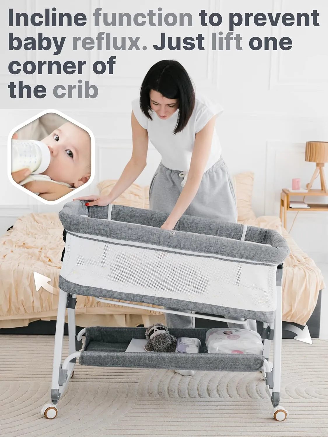 Earth&ME Baby Bassinet Bedside Sleeper with Rocking - All Mesh Portable Bedside Crib for Safe Co-Sleeping, Storage Basket and Wheels, Adjustable Height, Includes Travel Bag, Mosquito Net